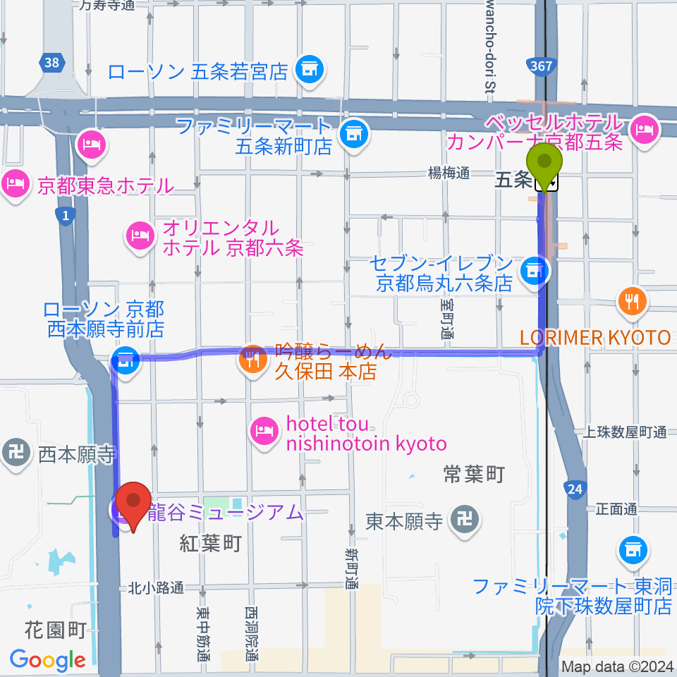 五条駅から龍谷ミュージアムへのルートマップ地図