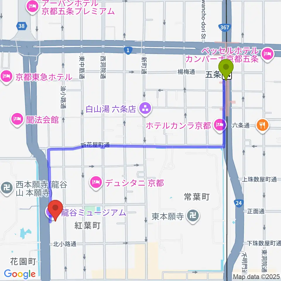 五条駅から龍谷ミュージアムへのルートマップ地図