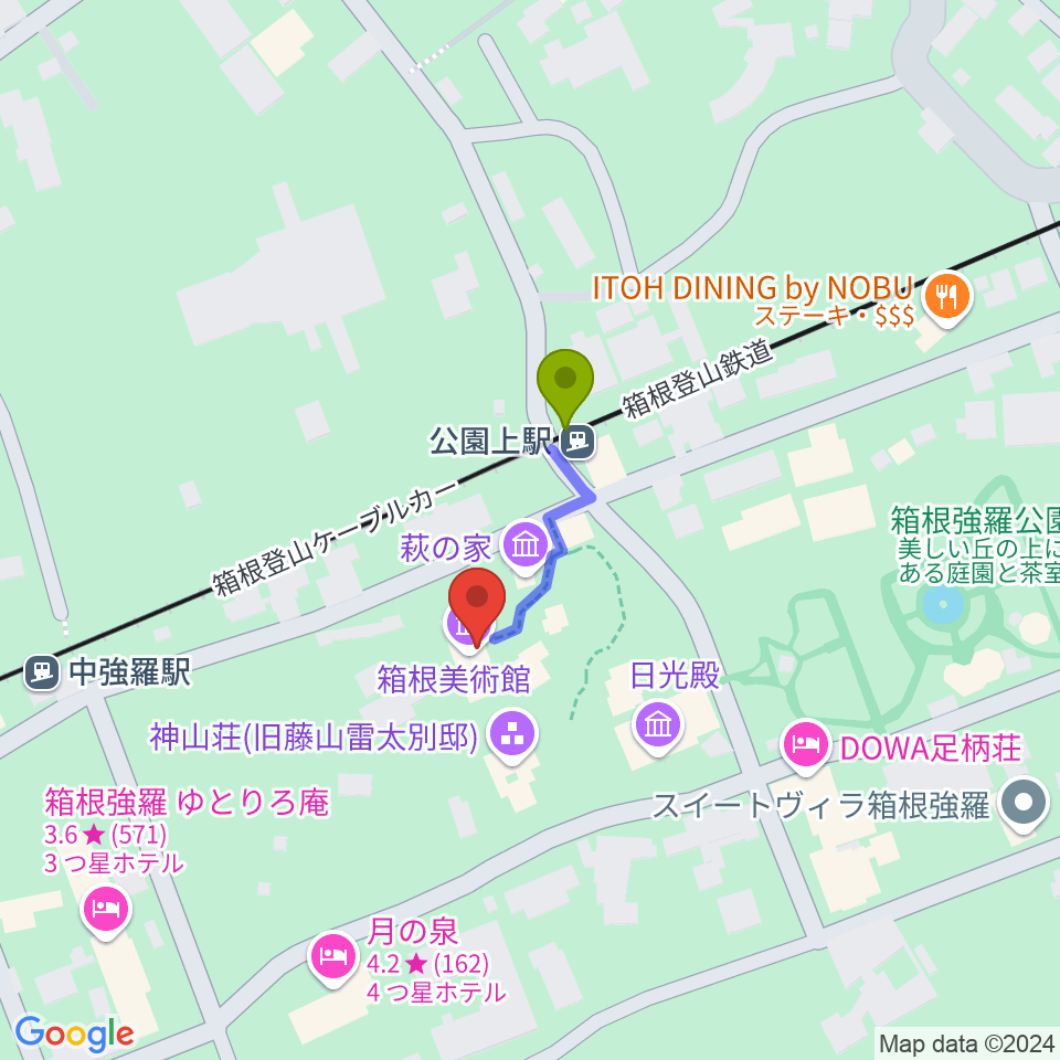 箱根美術館の最寄駅公園上駅からの徒歩ルート（約2分）地図