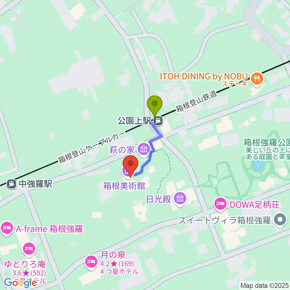 箱根美術館の最寄駅公園上駅からの徒歩ルート（約2分）地図