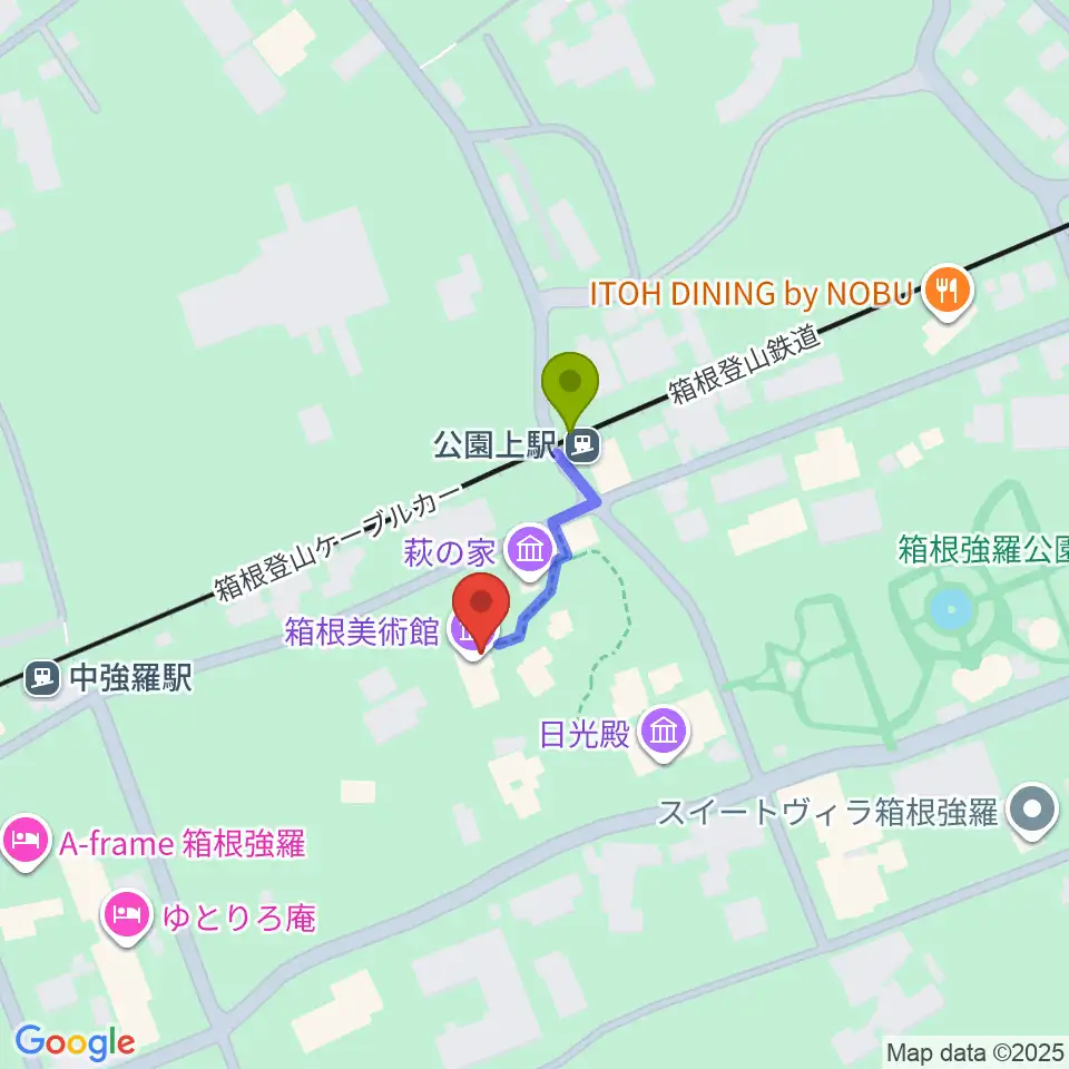 箱根美術館の最寄駅公園上駅からの徒歩ルート（約2分）地図