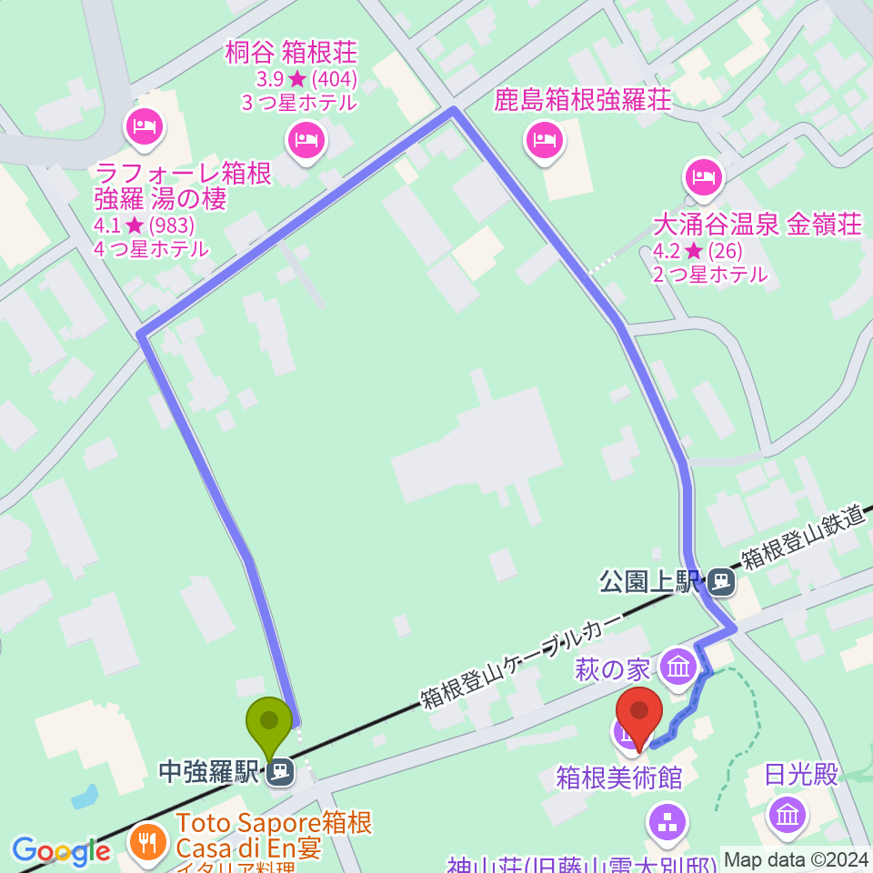 中強羅駅から箱根美術館へのルートマップ地図