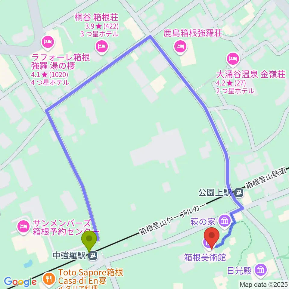 中強羅駅から箱根美術館へのルートマップ地図