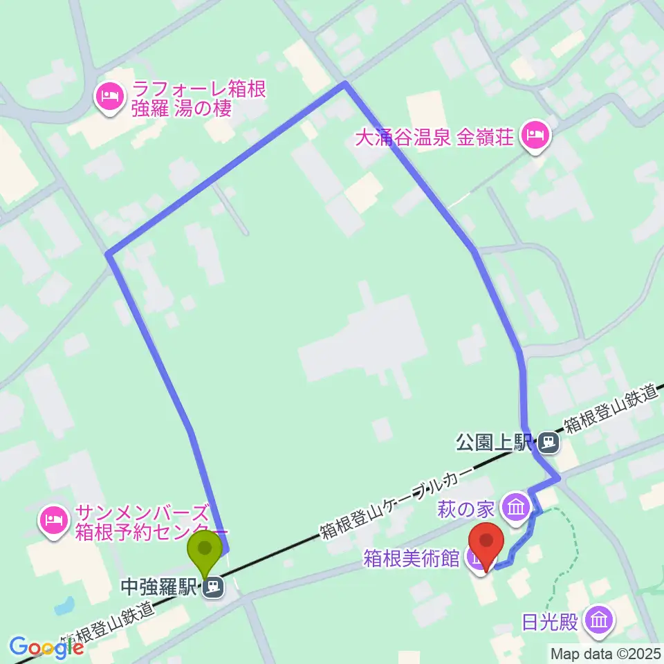 中強羅駅から箱根美術館へのルートマップ地図