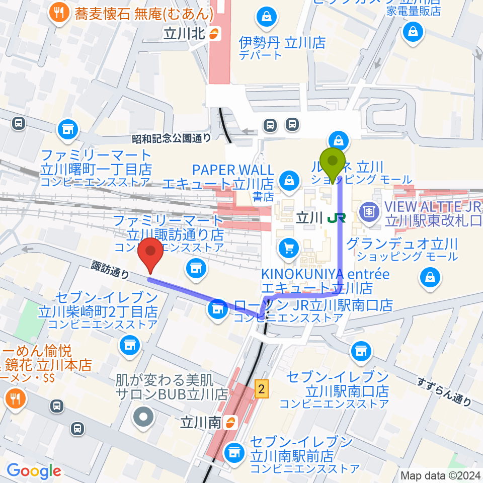 立川駅から立川スタジオネイへのルートマップ地図