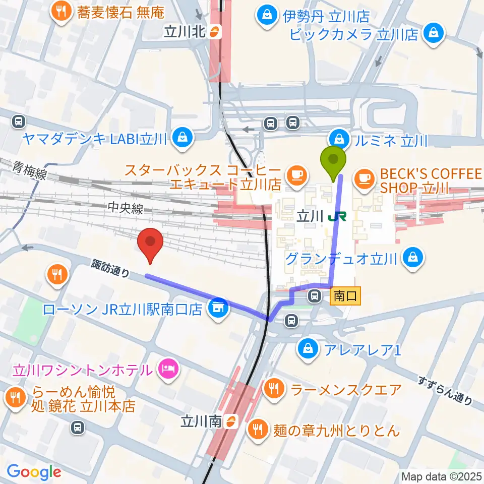 立川駅から立川スタジオネイへのルートマップ地図
