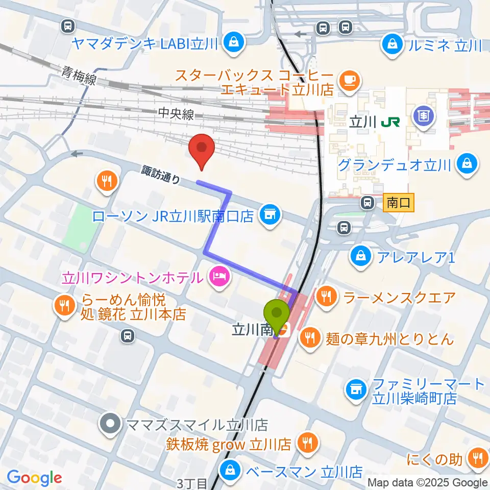 立川スタジオネイの最寄駅立川南駅からの徒歩ルート（約3分）地図