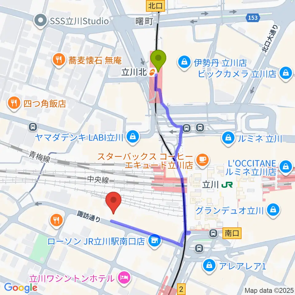 立川北駅から立川スタジオネイへのルートマップ地図