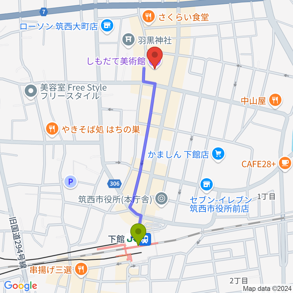 しもだて美術館の最寄駅下館駅からの徒歩ルート（約9分）地図