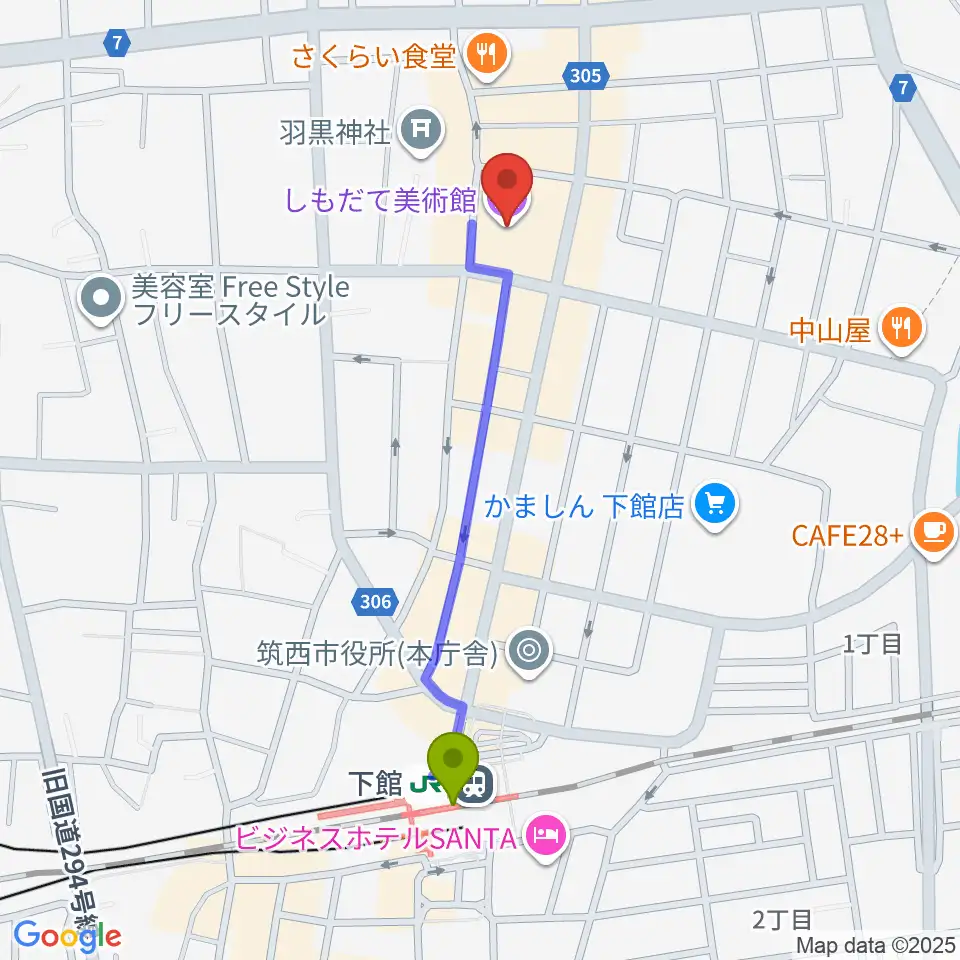 しもだて美術館の最寄駅下館駅からの徒歩ルート（約9分）地図