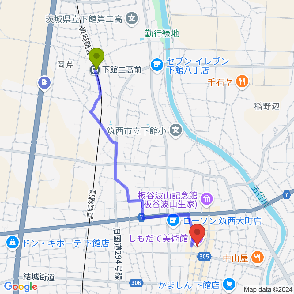 下館二高前駅からしもだて美術館へのルートマップ地図