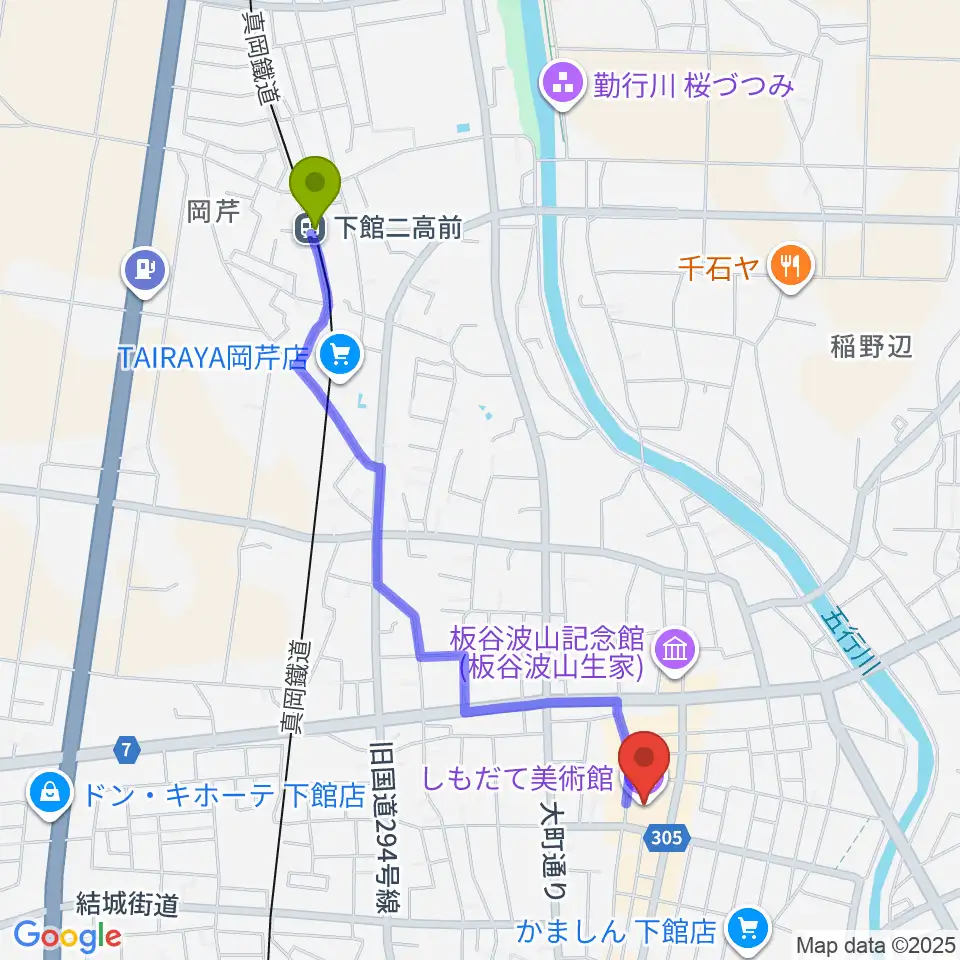 下館二高前駅からしもだて美術館へのルートマップ地図