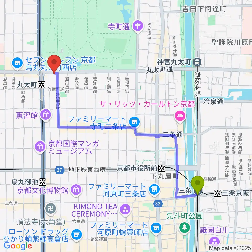 三条駅からJEUGIAフォーラム京都御所南へのルートマップ地図