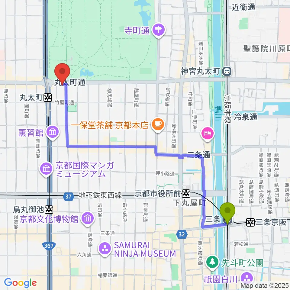 三条駅からJEUGIAフォーラム京都御所南へのルートマップ地図