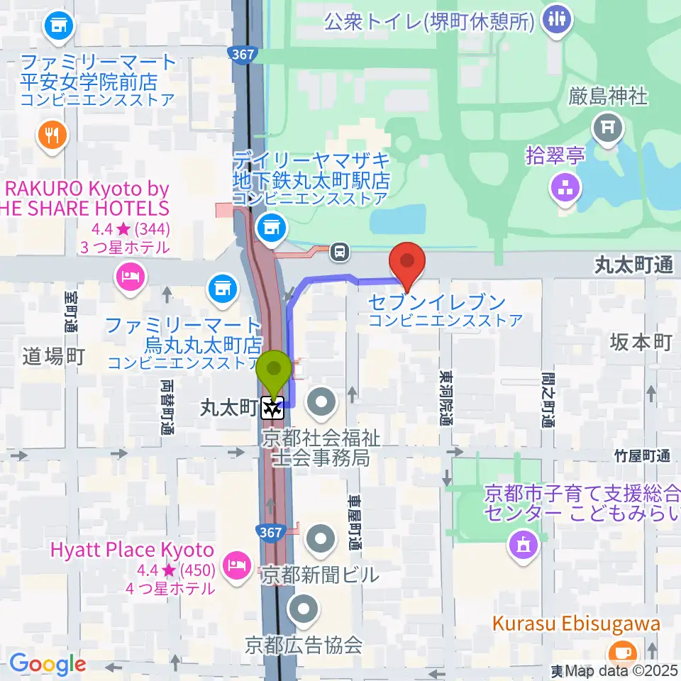 JEUGIAフォーラム京都御所南の最寄駅丸太町駅からの徒歩ルート（約2分）地図