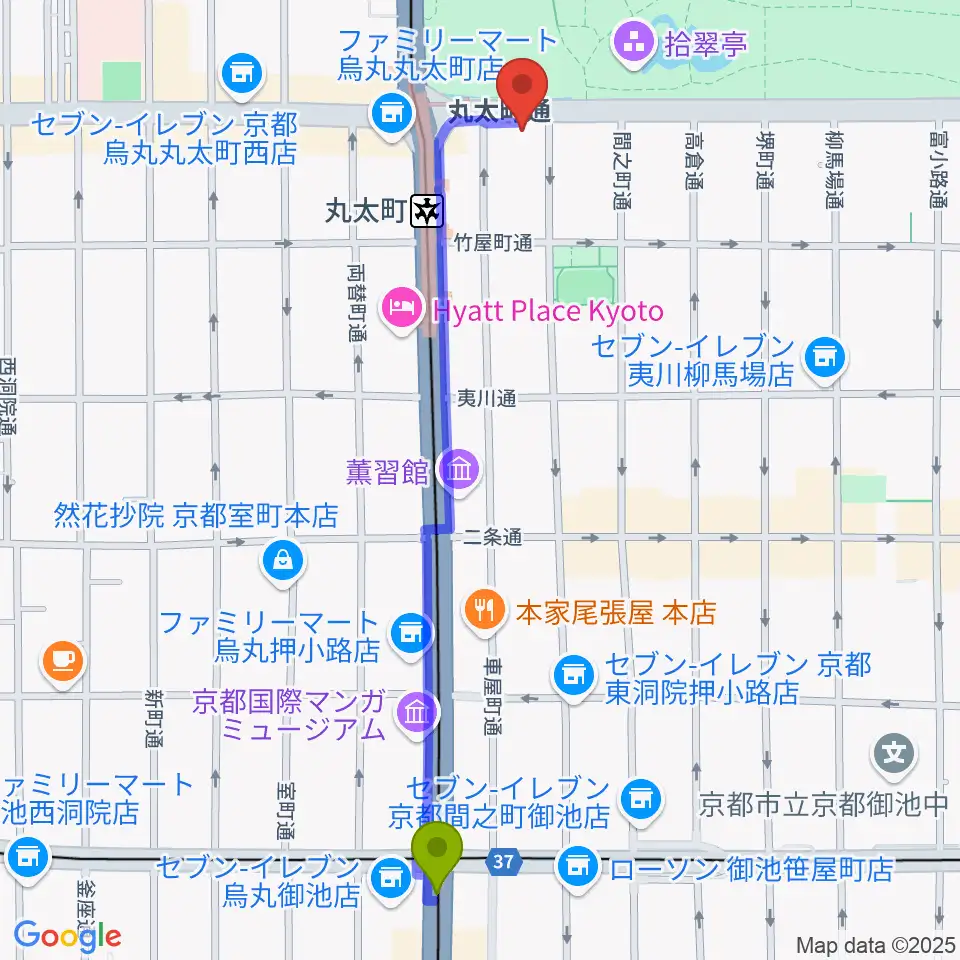 烏丸御池駅からJEUGIAフォーラム京都御所南へのルートマップ地図