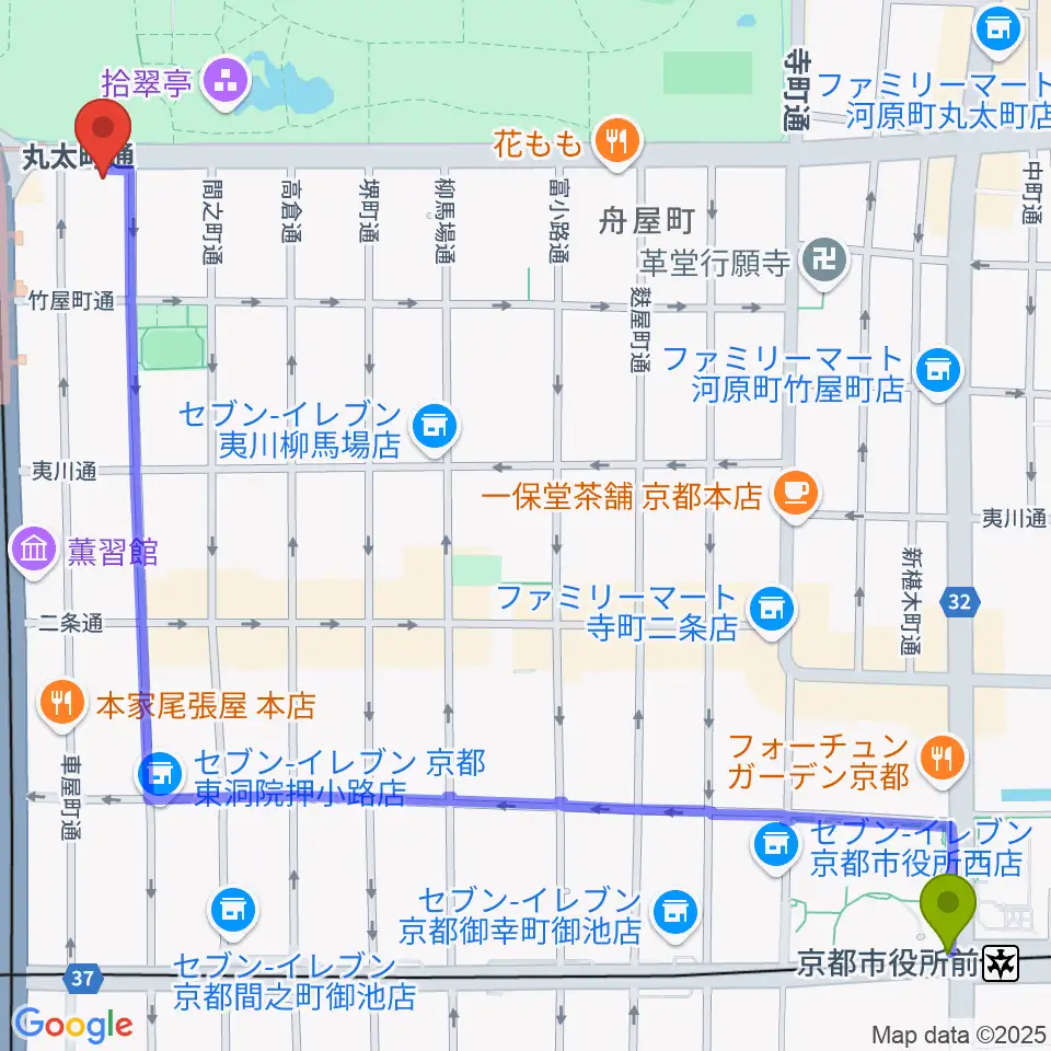京都市役所前駅からJEUGIAフォーラム京都御所南へのルートマップ地図