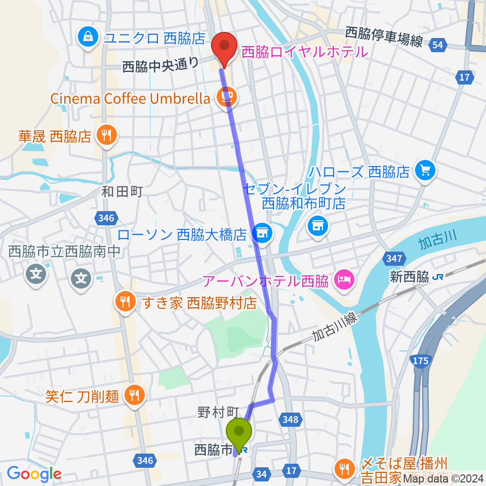 西脇市駅から西脇市立音楽ホール アピカホールへのルートマップ地図