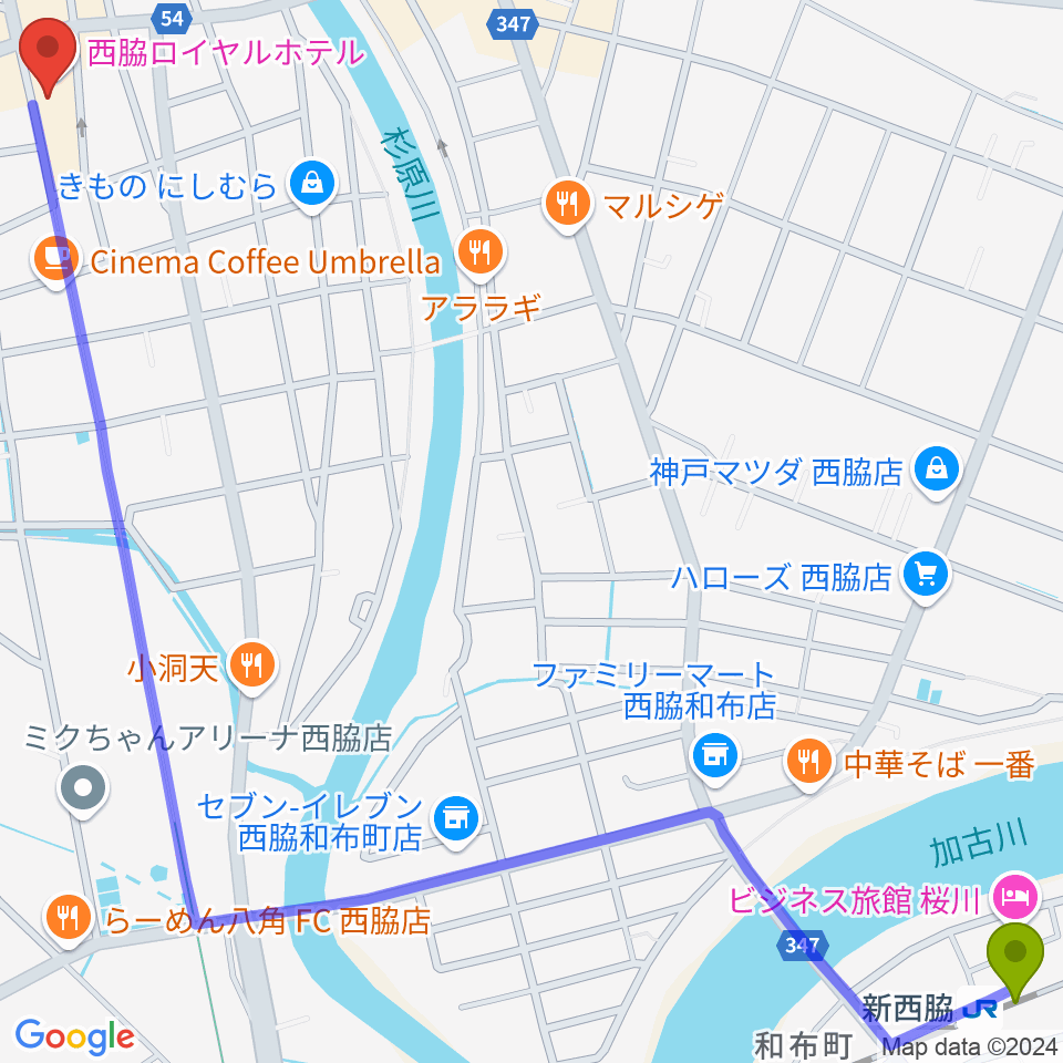 西脇市立音楽ホール アピカホールの最寄駅新西脇駅からの徒歩ルート（約20分）地図