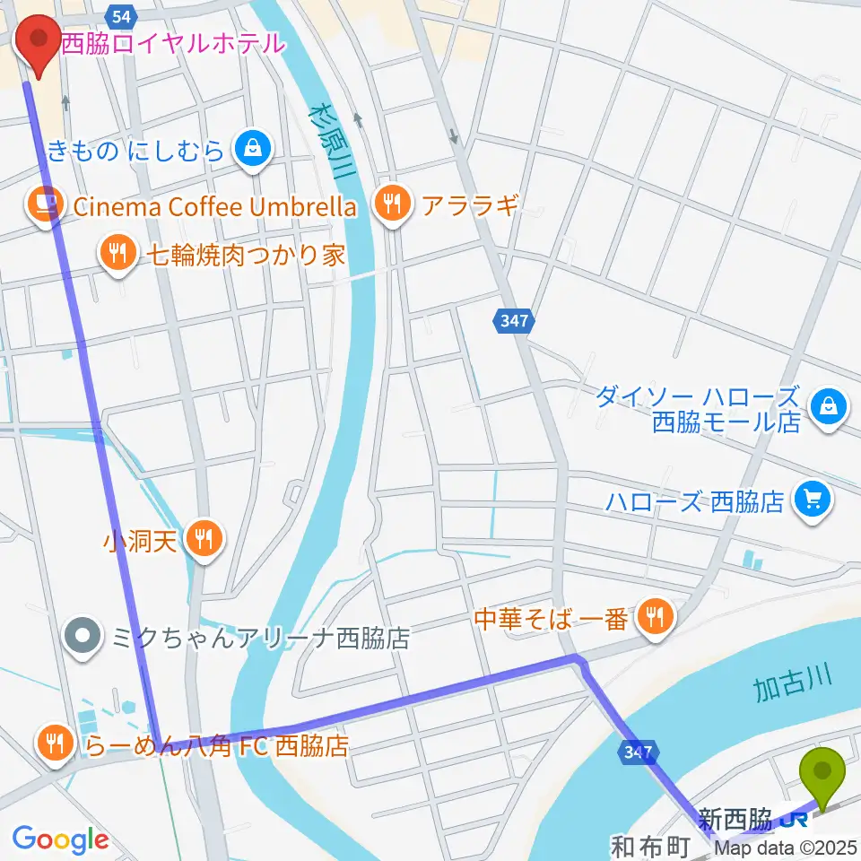 西脇市立音楽ホール アピカホールの最寄駅新西脇駅からの徒歩ルート（約20分）地図