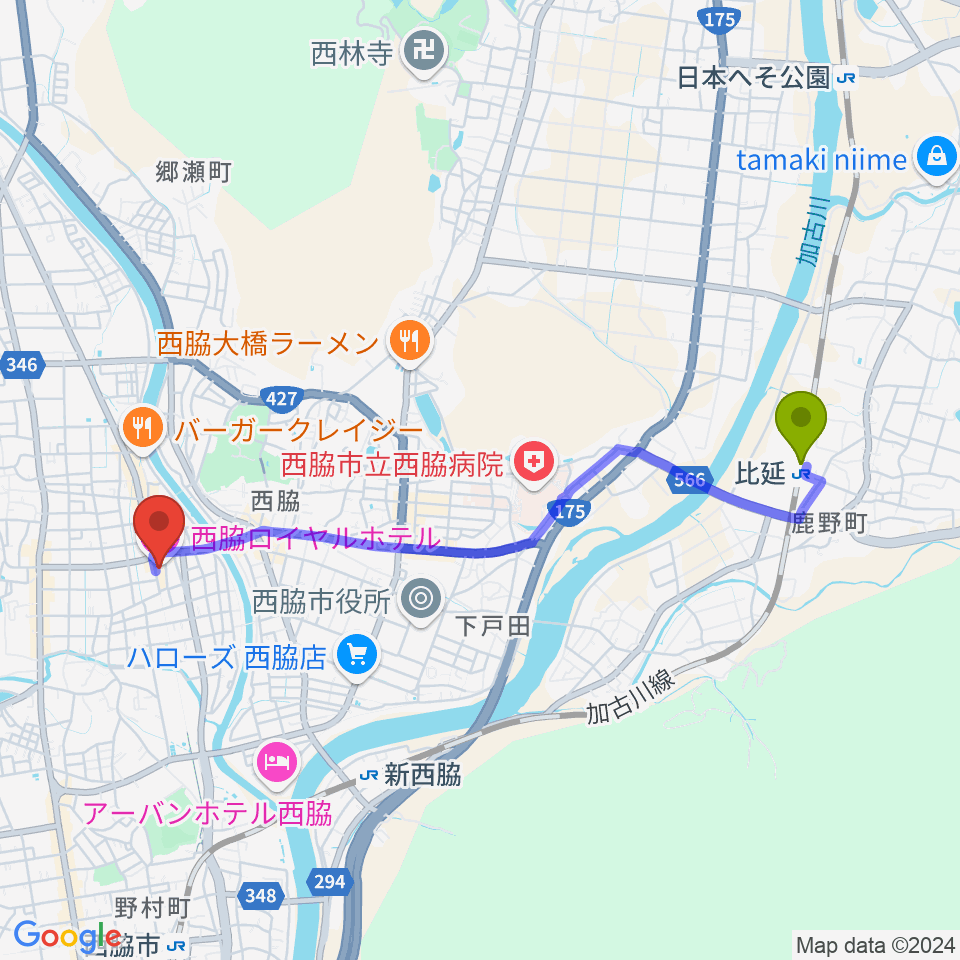 比延駅から西脇市立音楽ホール アピカホールへのルートマップ地図