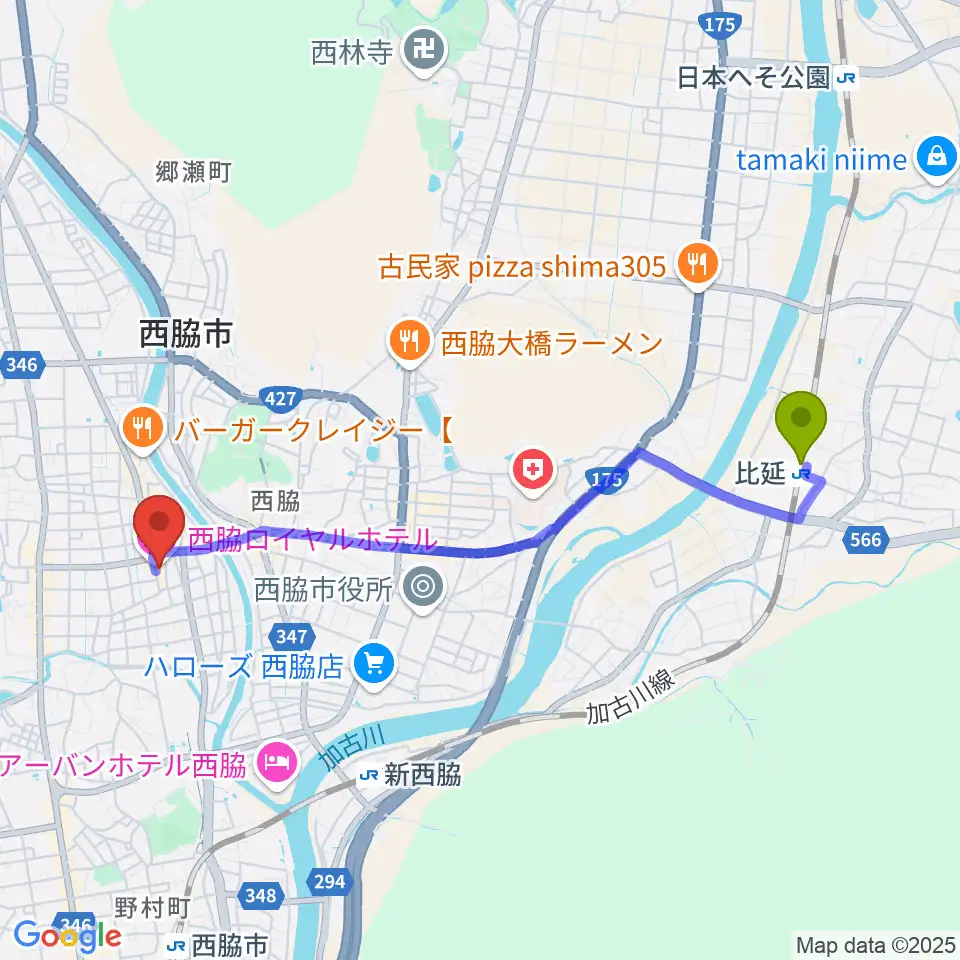 比延駅から西脇市立音楽ホール アピカホールへのルートマップ地図