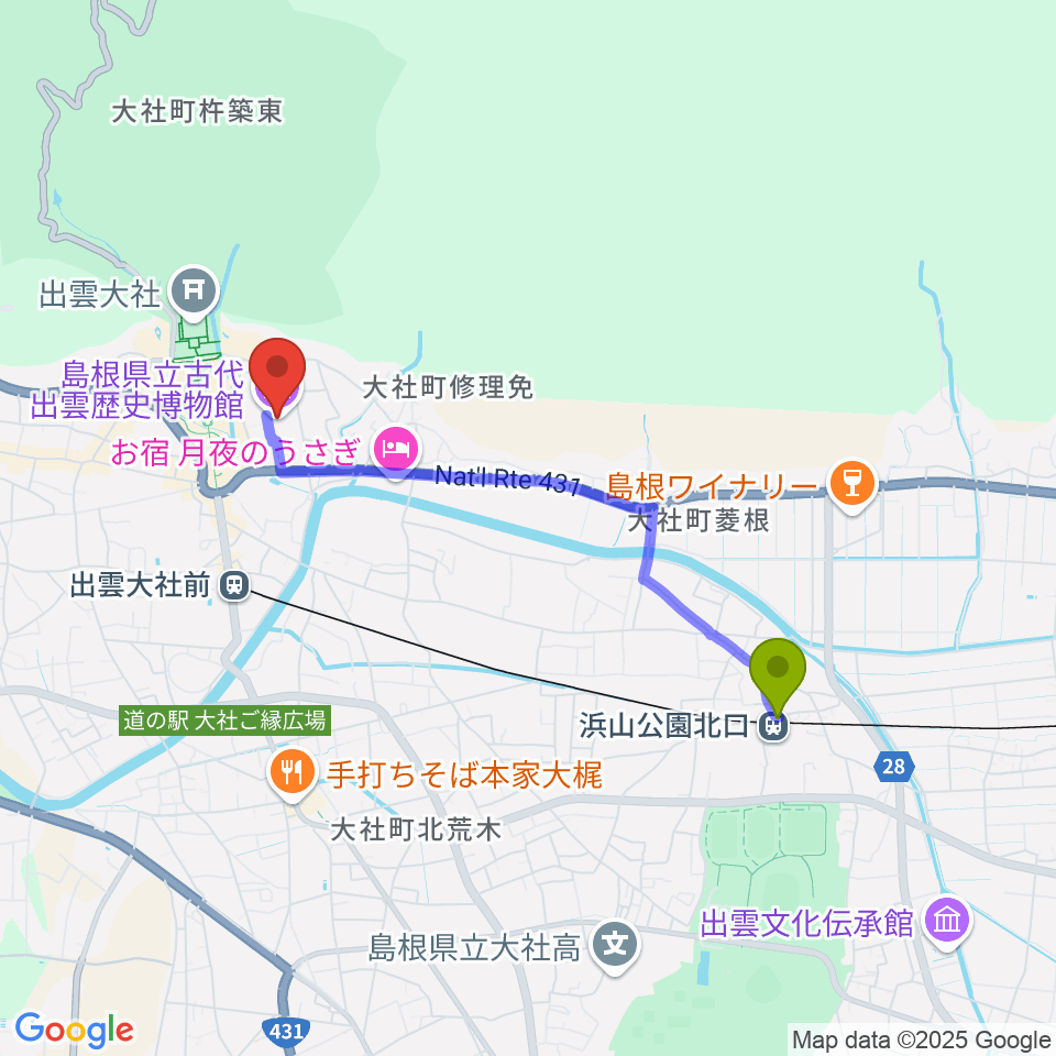 浜山公園北口駅から島根県立古代出雲歴史博物館へのルートマップ地図