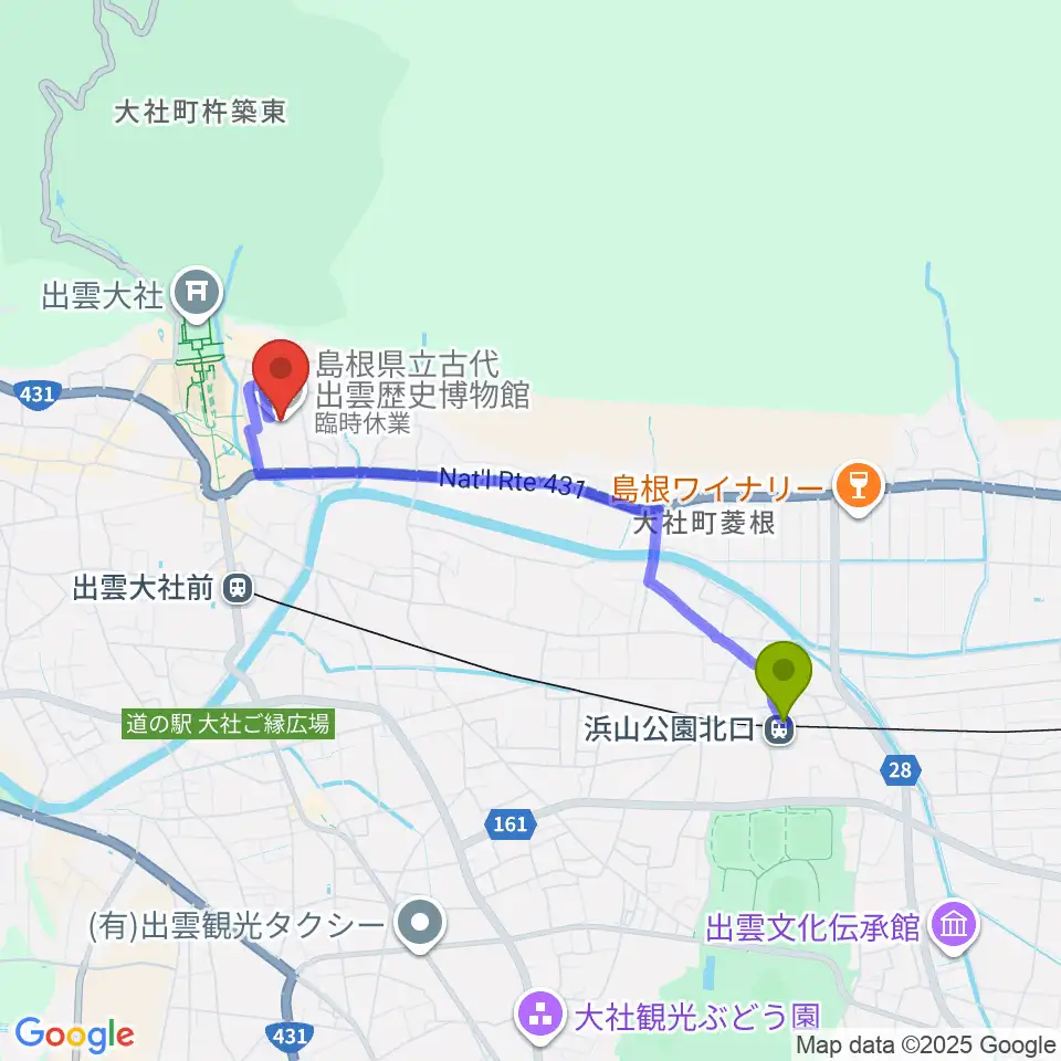 浜山公園北口駅から島根県立古代出雲歴史博物館へのルートマップ地図