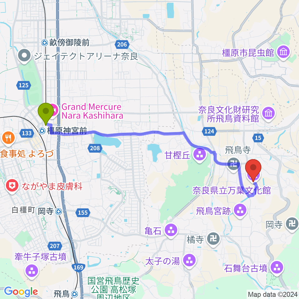 橿原神宮前駅から奈良県立万葉文化館へのルートマップ地図