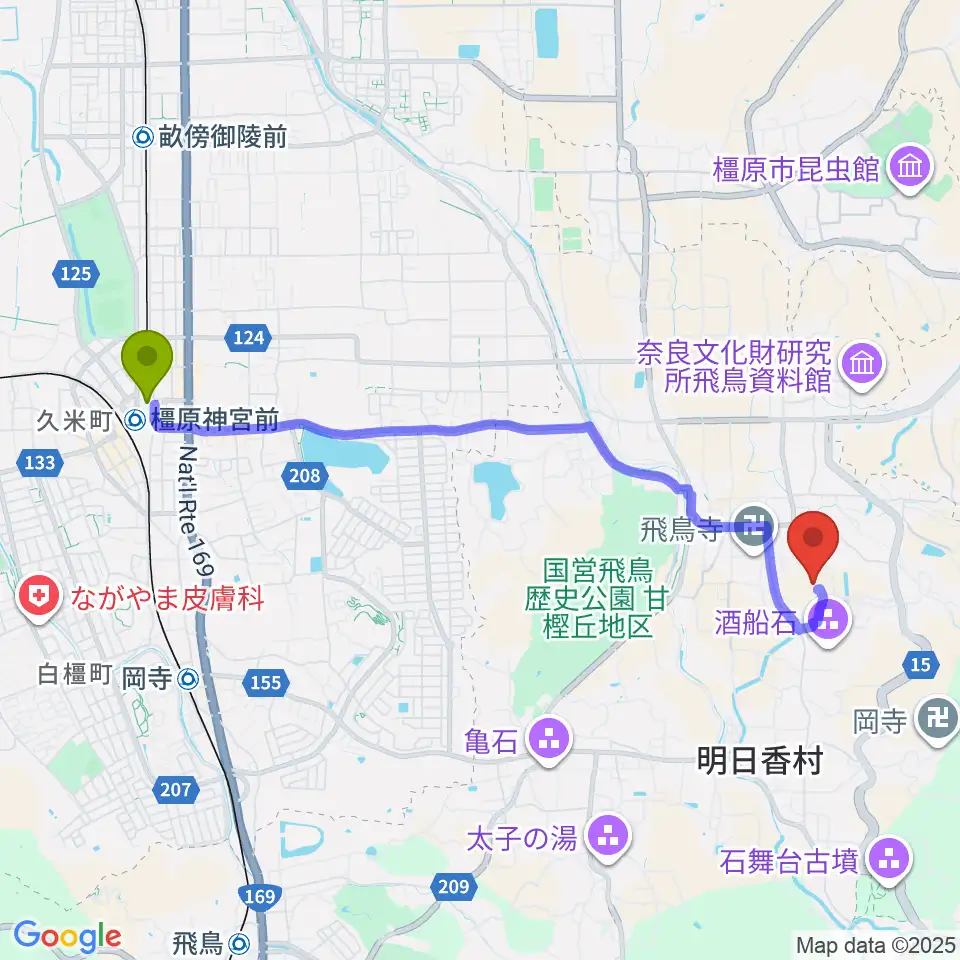 橿原神宮前駅から奈良県立万葉文化館へのルートマップ地図