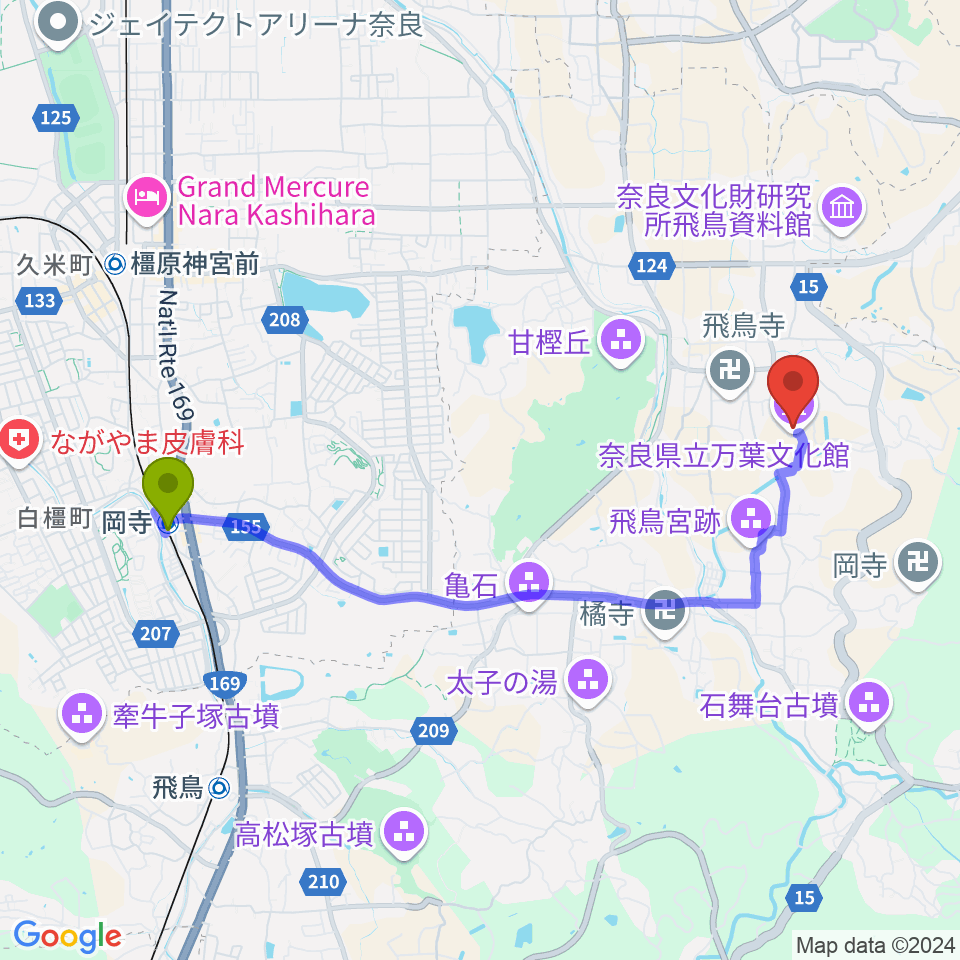 奈良県立万葉文化館の最寄駅岡寺駅からの徒歩ルート（約42分）地図