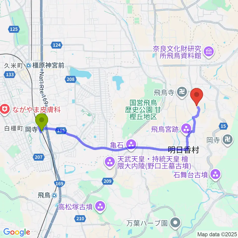 奈良県立万葉文化館の最寄駅岡寺駅からの徒歩ルート（約42分）地図