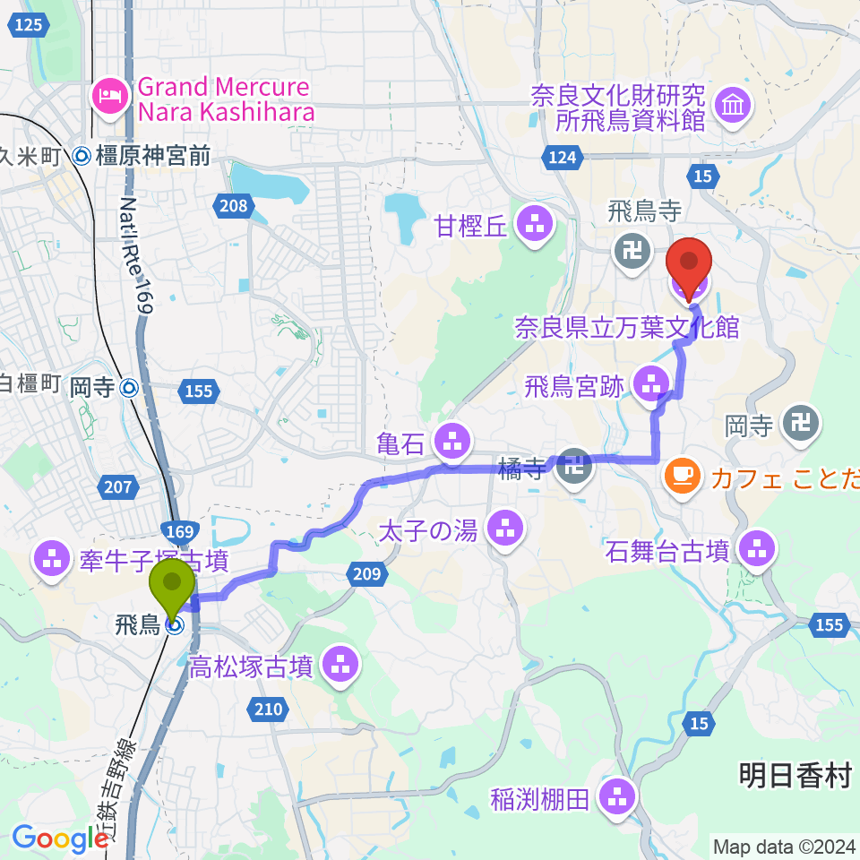 飛鳥駅から奈良県立万葉文化館へのルートマップ地図