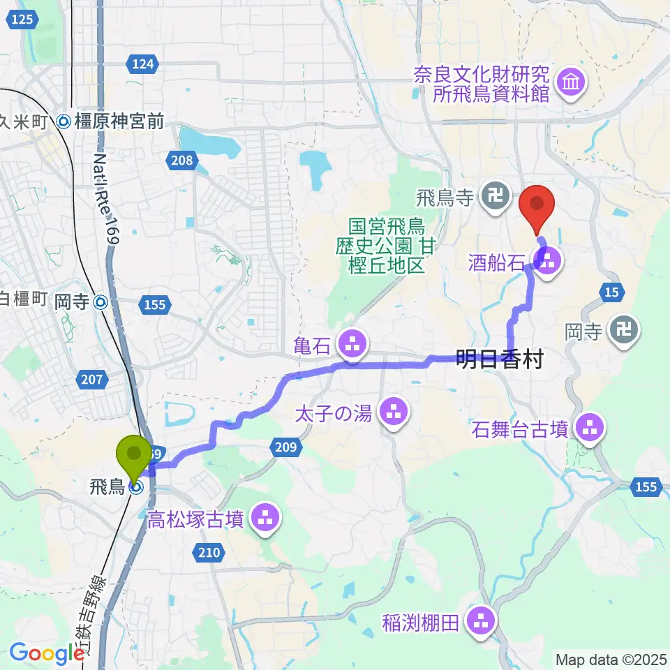 飛鳥駅から奈良県立万葉文化館へのルートマップ地図