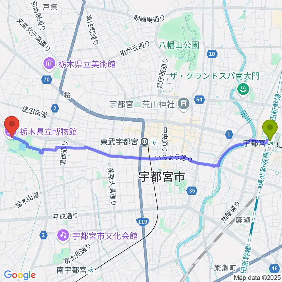 宇都宮駅から栃木県立博物館へのルートマップ地図