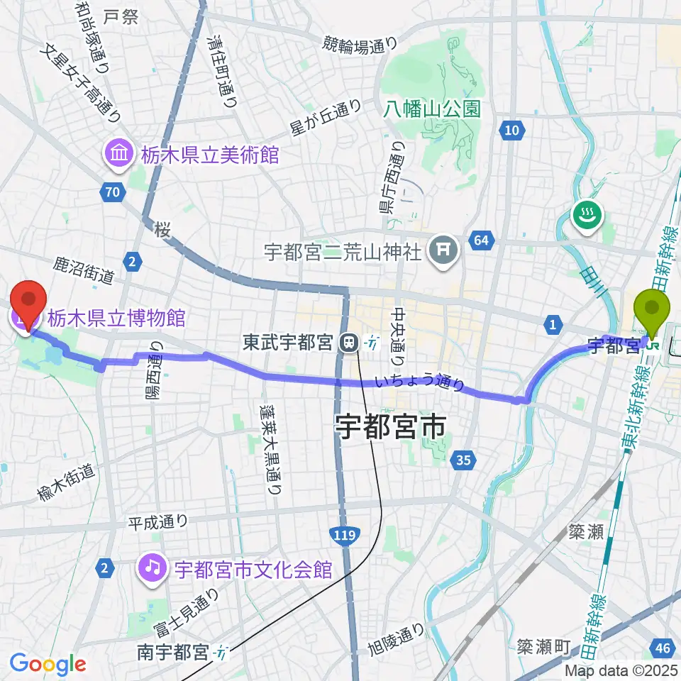 宇都宮駅から栃木県立博物館へのルートマップ地図