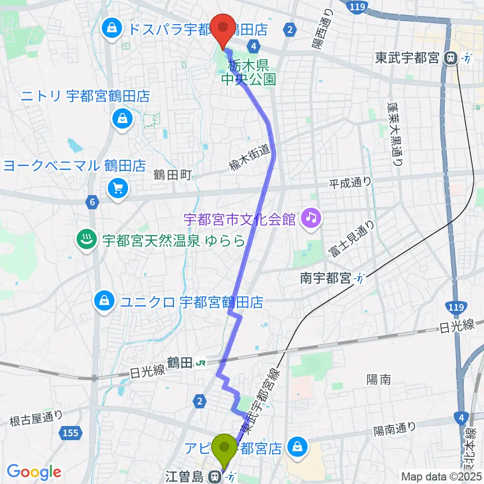 江曽島駅から栃木県立博物館へのルートマップ地図