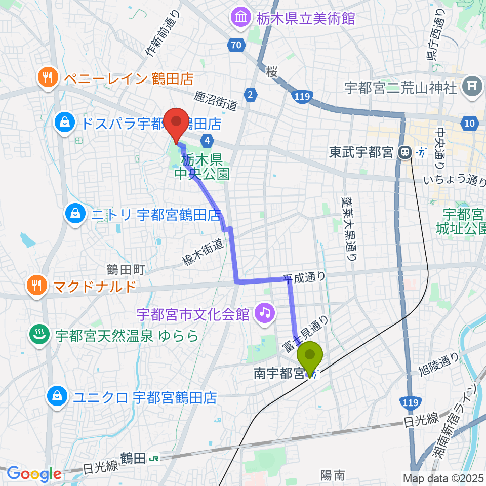 南宇都宮駅から栃木県立博物館へのルートマップ地図