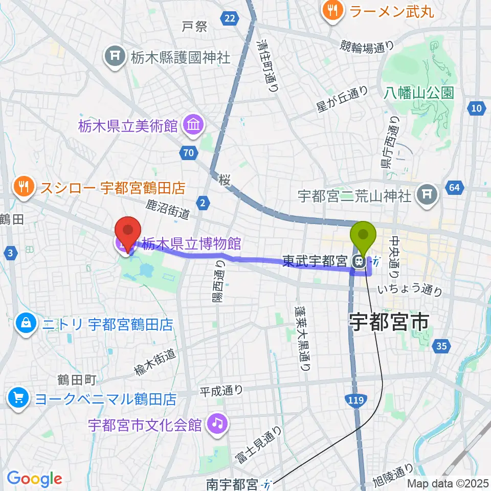 栃木県立博物館の最寄駅東武宇都宮駅からの徒歩ルート（約29分）地図