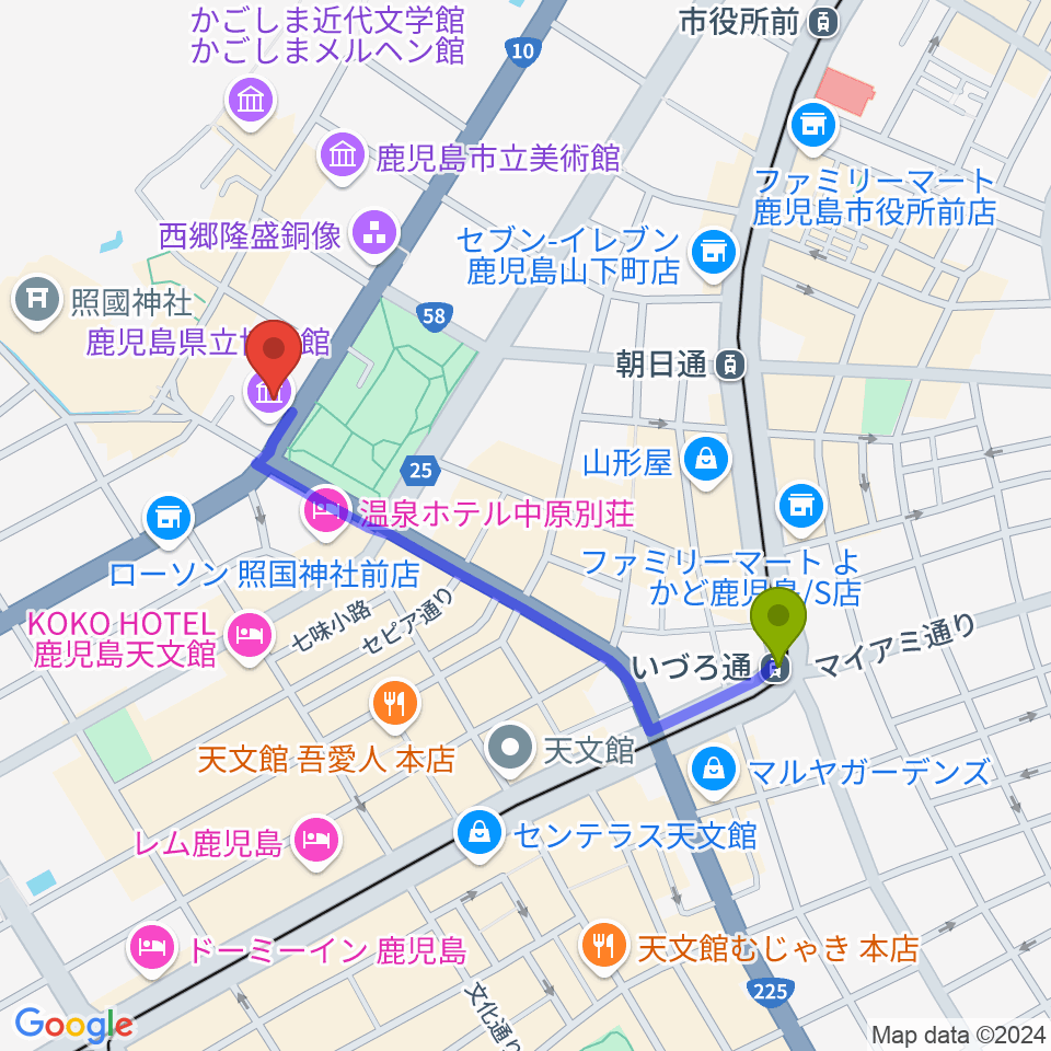 いづろ通駅から鹿児島県立博物館へのルートマップ地図