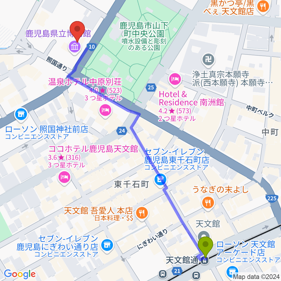 天文館通駅から鹿児島県立博物館へのルートマップ地図