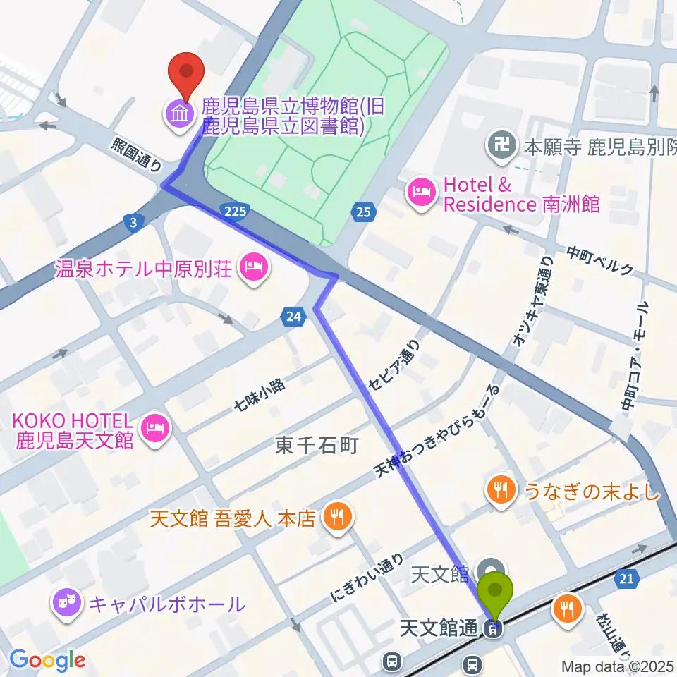 天文館通駅から鹿児島県立博物館へのルートマップ地図