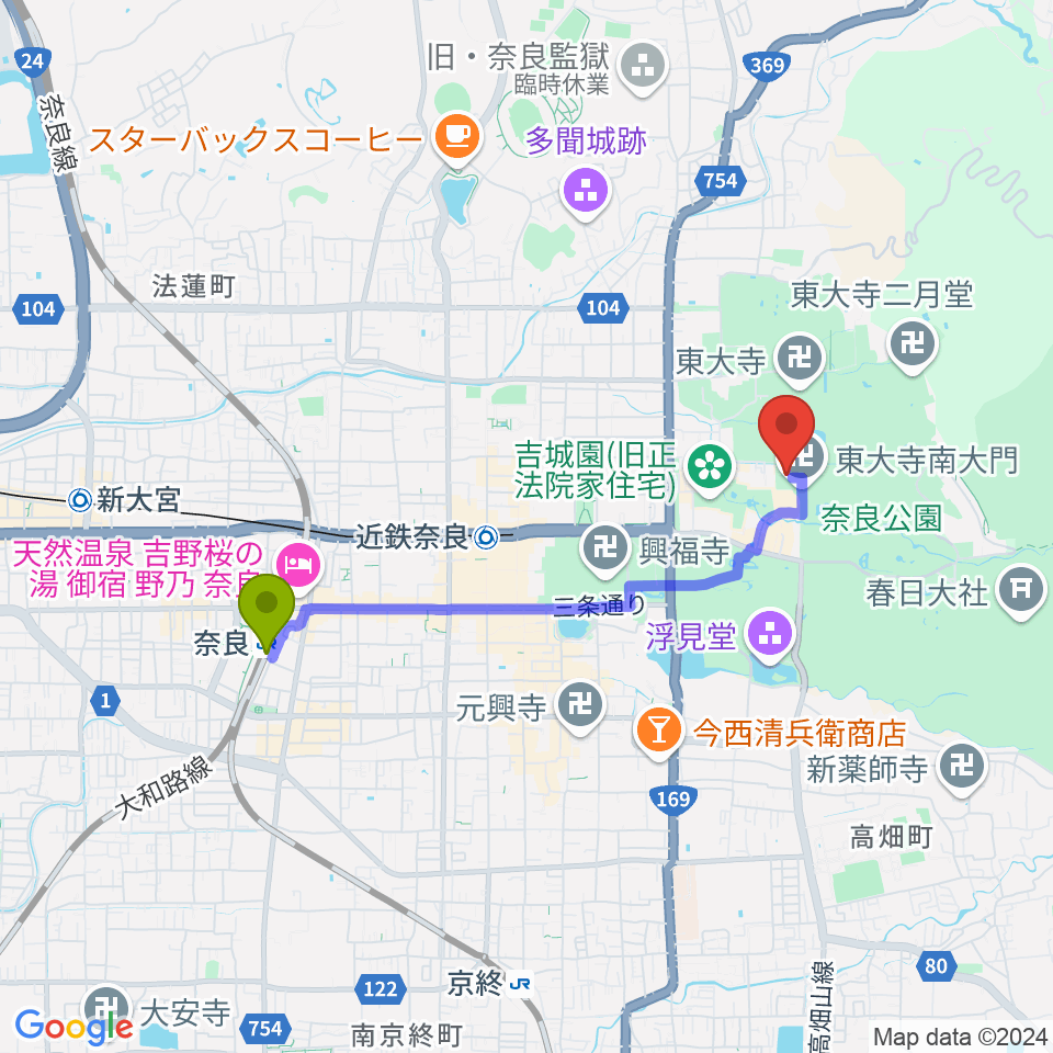 奈良駅から東大寺ミュージアムへのルートマップ地図