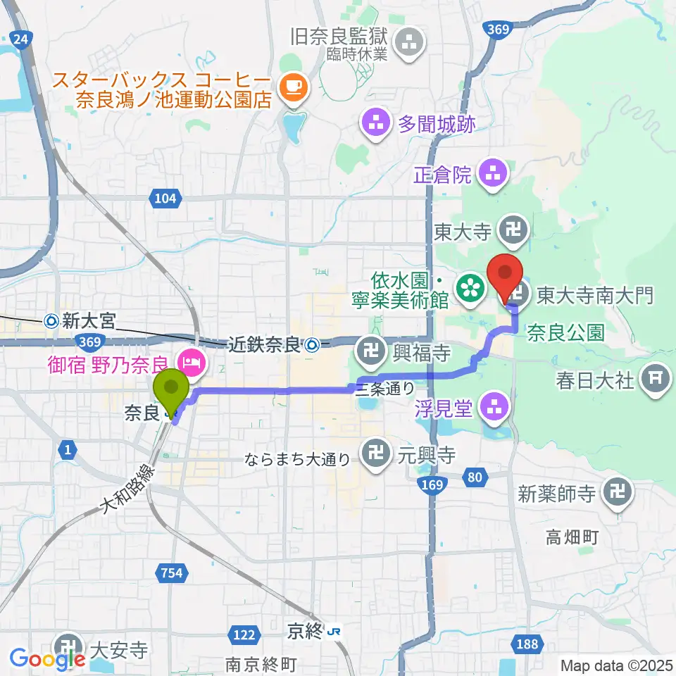奈良駅から東大寺ミュージアムへのルートマップ地図