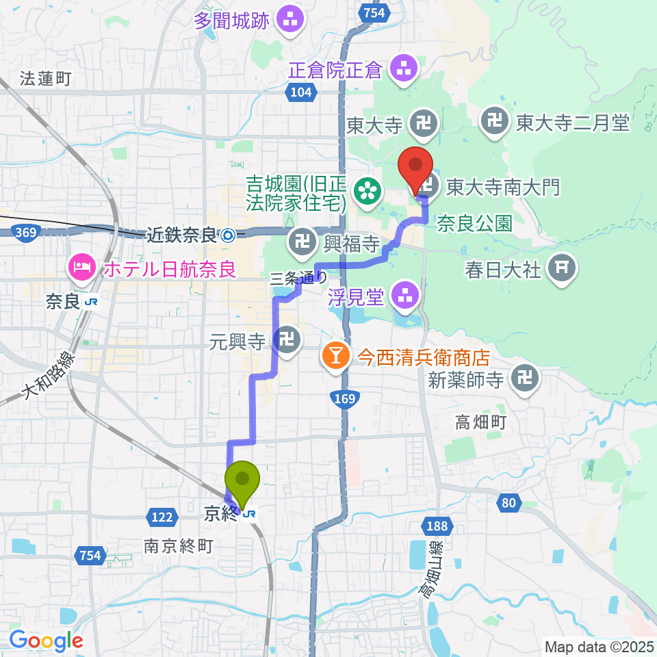 京終駅から東大寺ミュージアムへのルートマップ地図