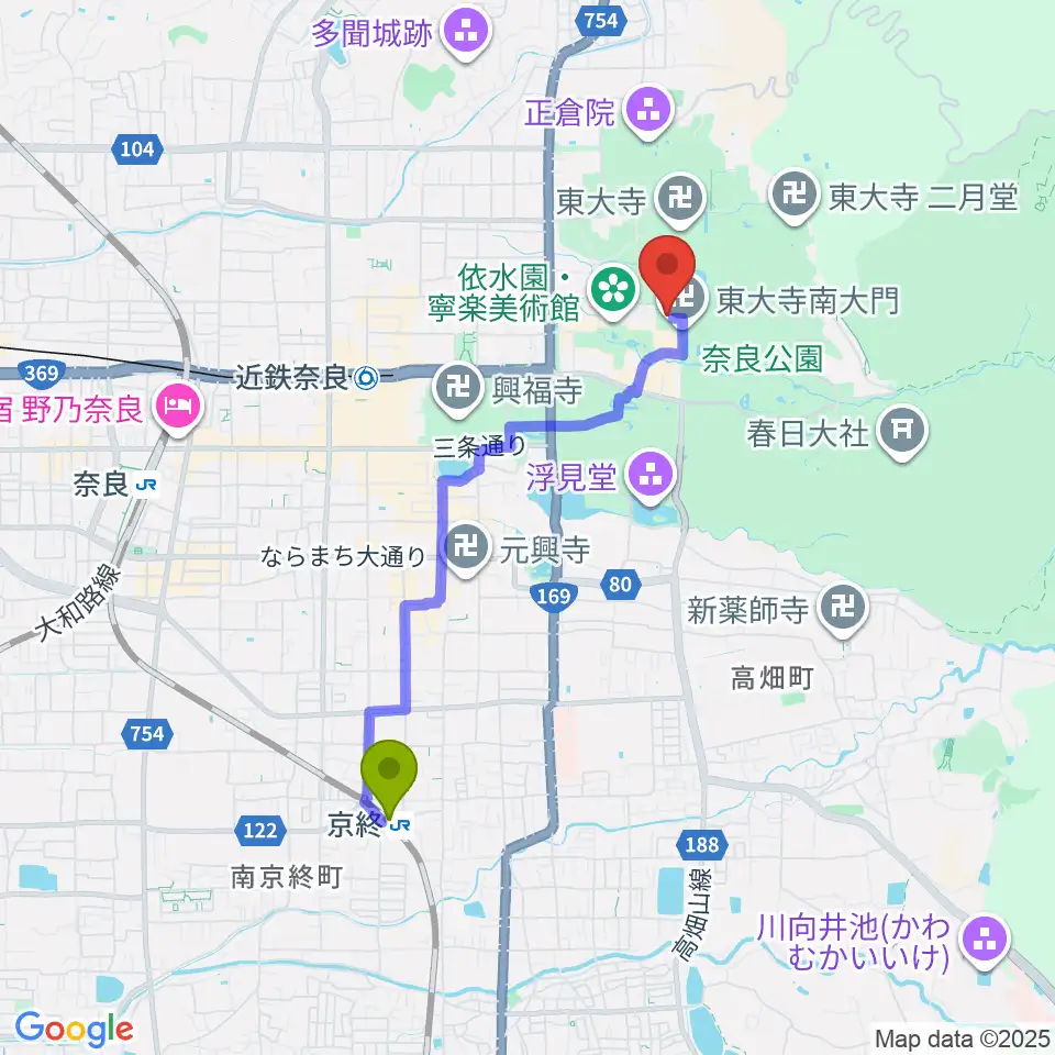 京終駅から東大寺ミュージアムへのルートマップ地図