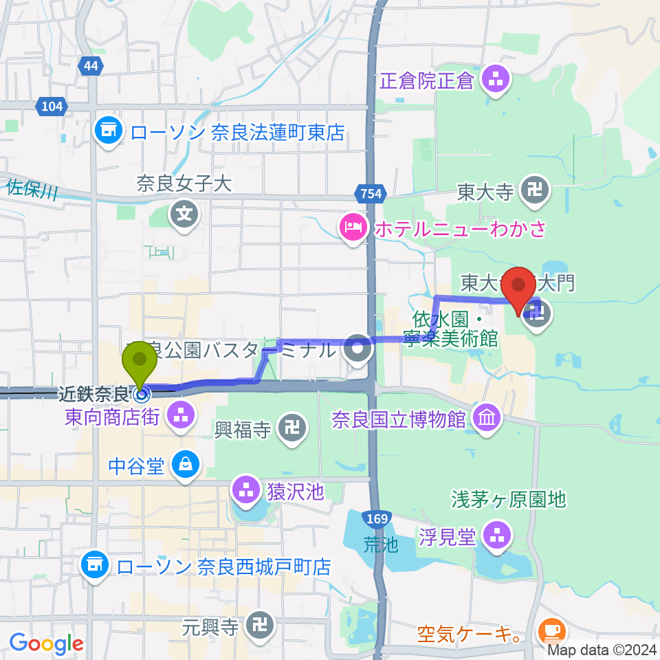 東大寺ミュージアムの最寄駅近鉄奈良駅からの徒歩ルート（約18分）地図