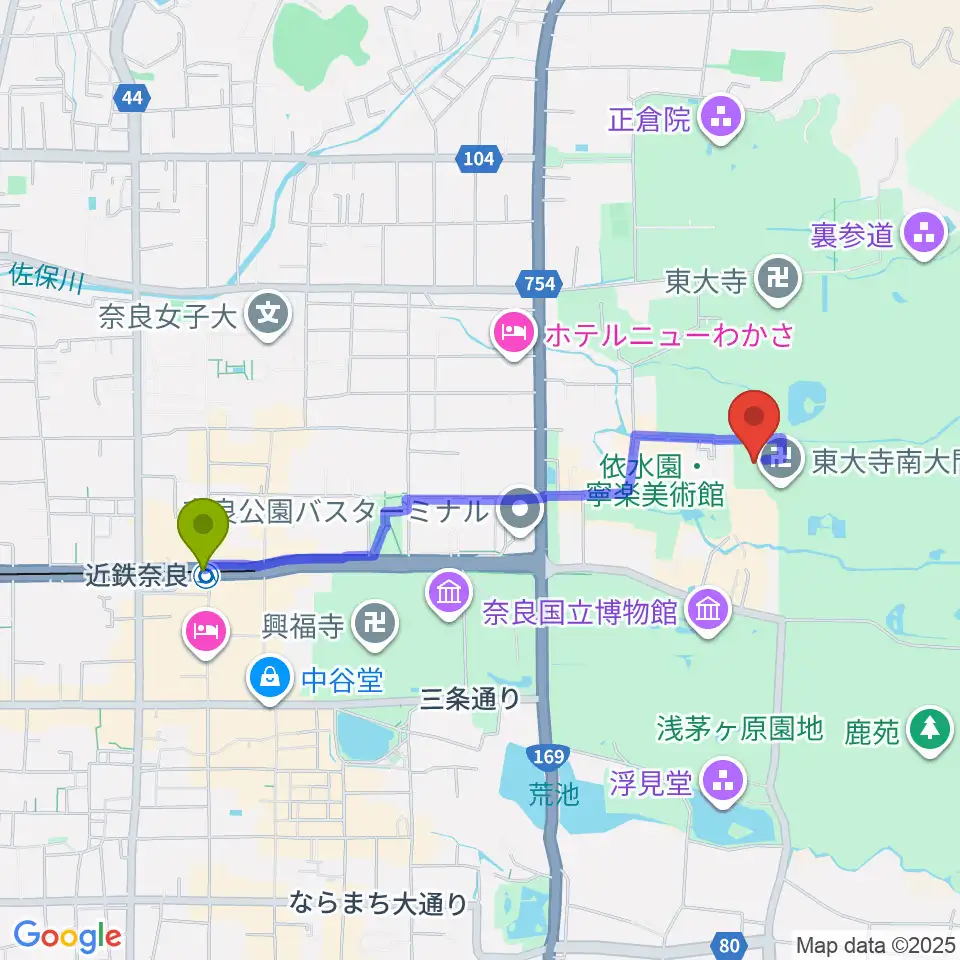 東大寺ミュージアムの最寄駅近鉄奈良駅からの徒歩ルート（約18分）地図