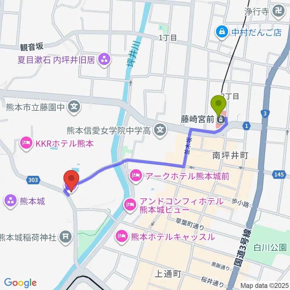 藤崎宮前駅から熊本県立美術館分館へのルートマップ地図