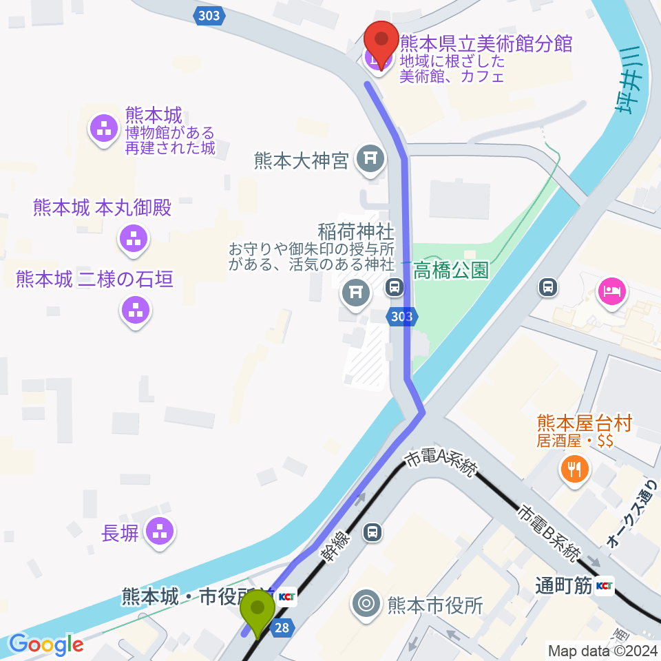 熊本城・市役所前駅から熊本県立美術館分館へのルートマップ地図